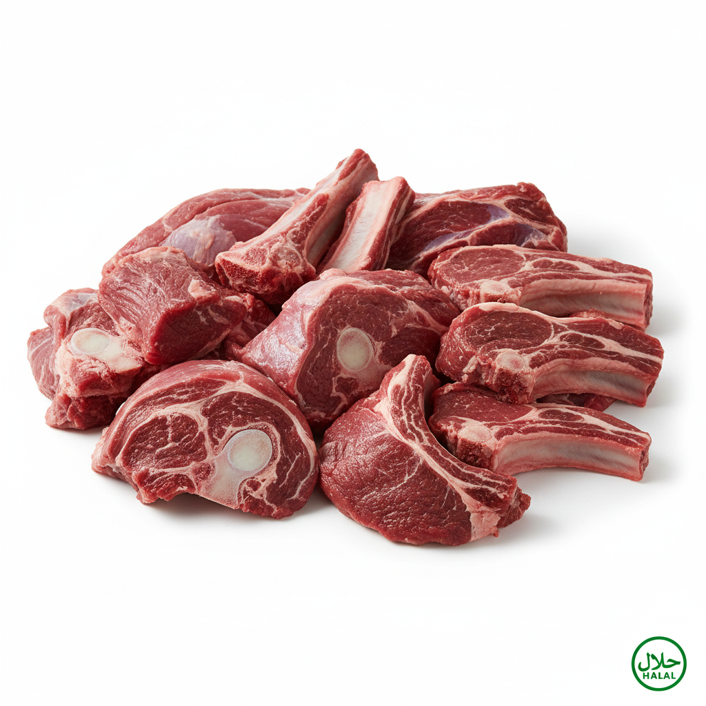 Fresh halal goat meat with halal badge in corner