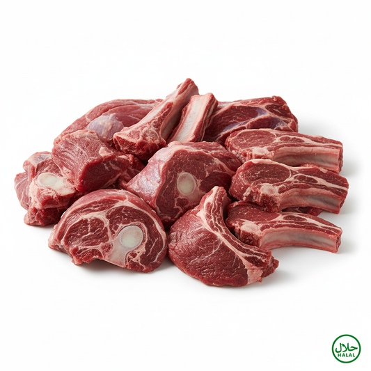 Fresh halal goat meat with halal badge in corner