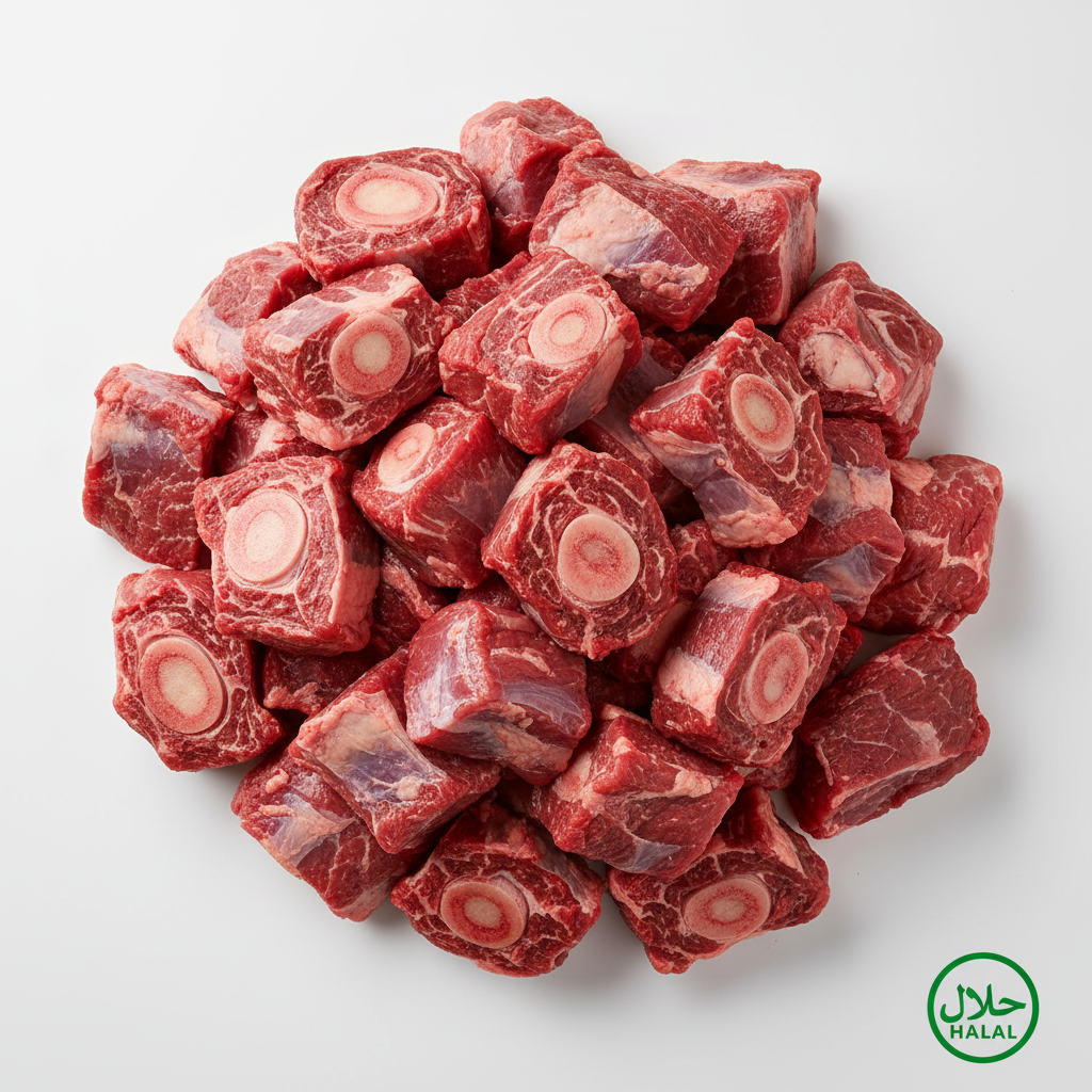 Fresh halal beef stew cuts with halal badge in corner