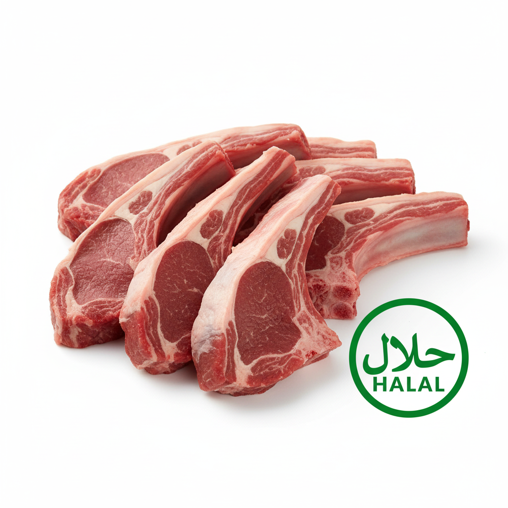Fresh halal lamb chops with halal certification badge